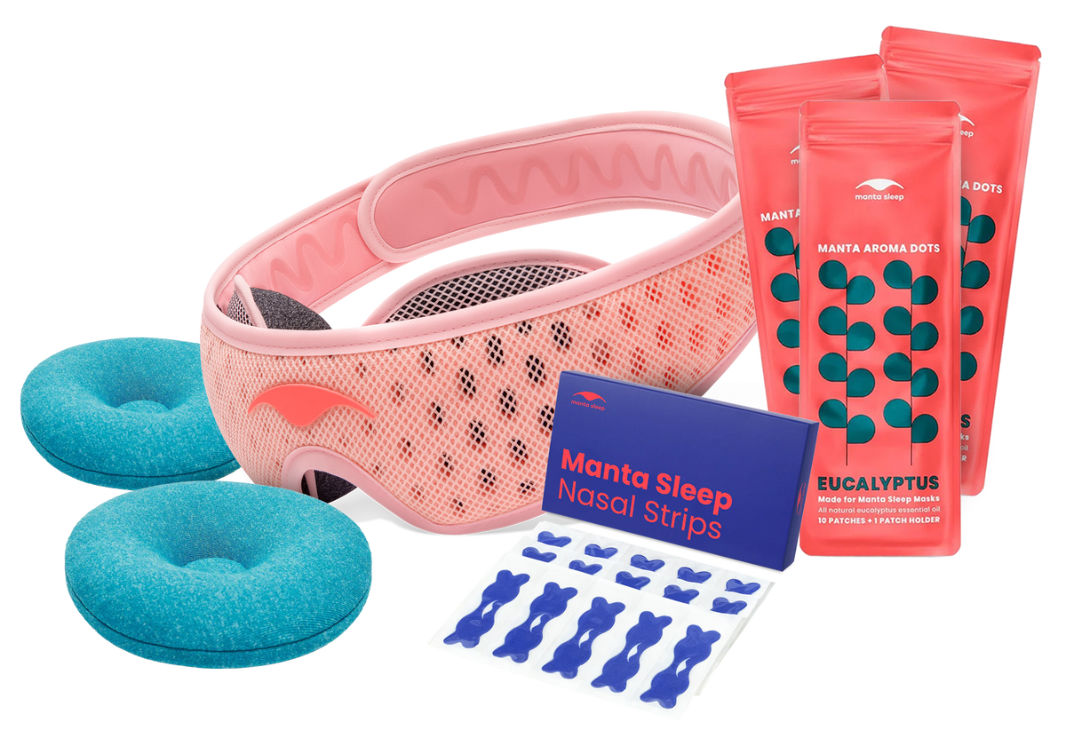 Manta Breathe Easy Bundle with pink PRO mask, blue COOL eye cups, eucalyptus aroma packets, and nasal strips.